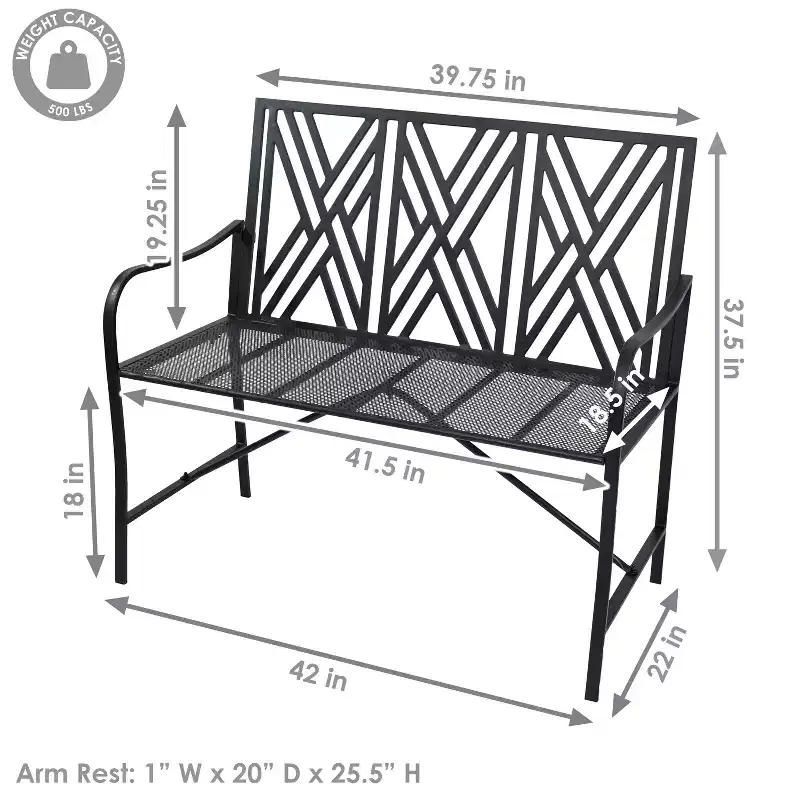 Sunnydaze Outdoor 2-Person Iron Geometric Lattice Patio Bench - Black