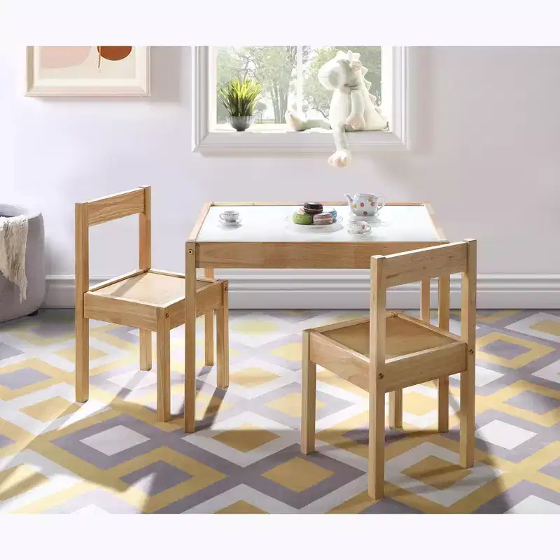 Etokfoks 3 Piece Kids Table and Chair Set with Dry Erase Tabletop Solid Wood Durable Natural Finish Includes 2 Chairs