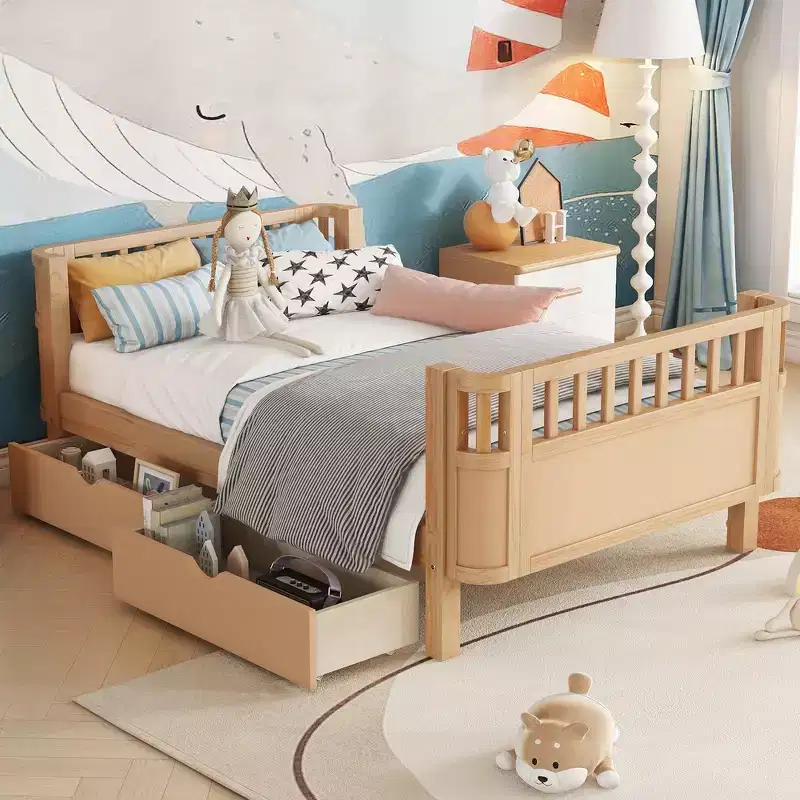 Modern and Elegant Twin Size Wood Platform Bed with Rails for Girls and Boys