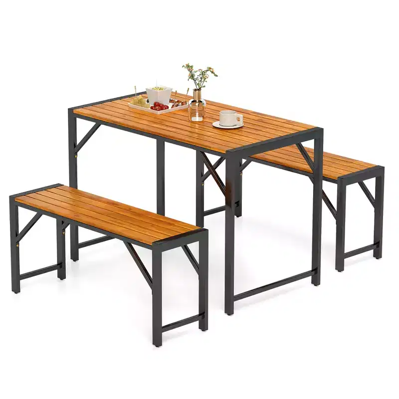 Costway 3 PCS Dining Set for 4 People Outdoor Picnic Table & 2 Benches w/ Metal Frame