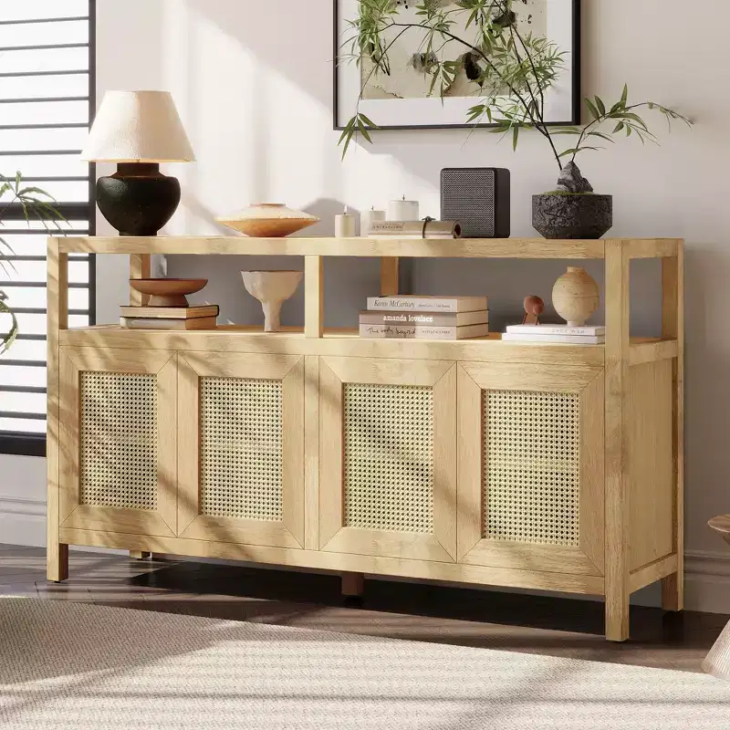 MAYEERTY Rattan Buffet Storage Cabinet with Solid Wood Frame 3 Position Adjuatable Shelves for Living Rooms Natural