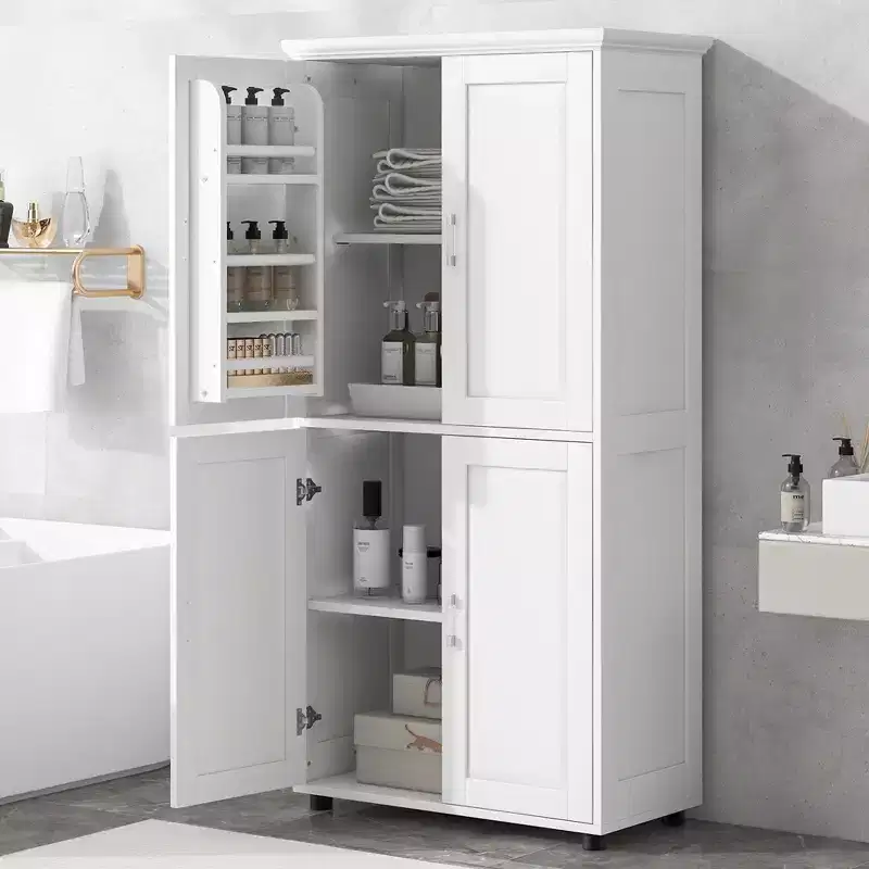 Whisen Minimalist Style Tall and Wide Storage Cabinet, Freestanding Cabinet with 4 Doors and Adjustable Shelves for Bathroom, Office - White