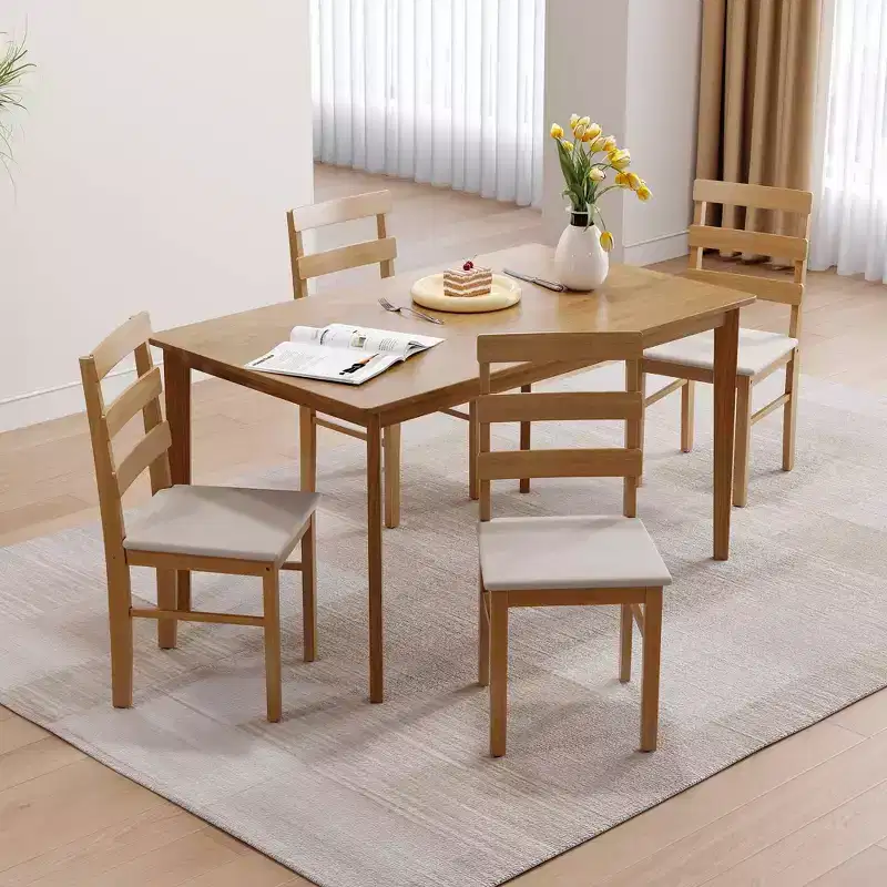 MAYEERTY 5-Piece Solid Wood Dining Table and Chair Set, Original Wood Color Rectangle Table with 4 Back Chairs