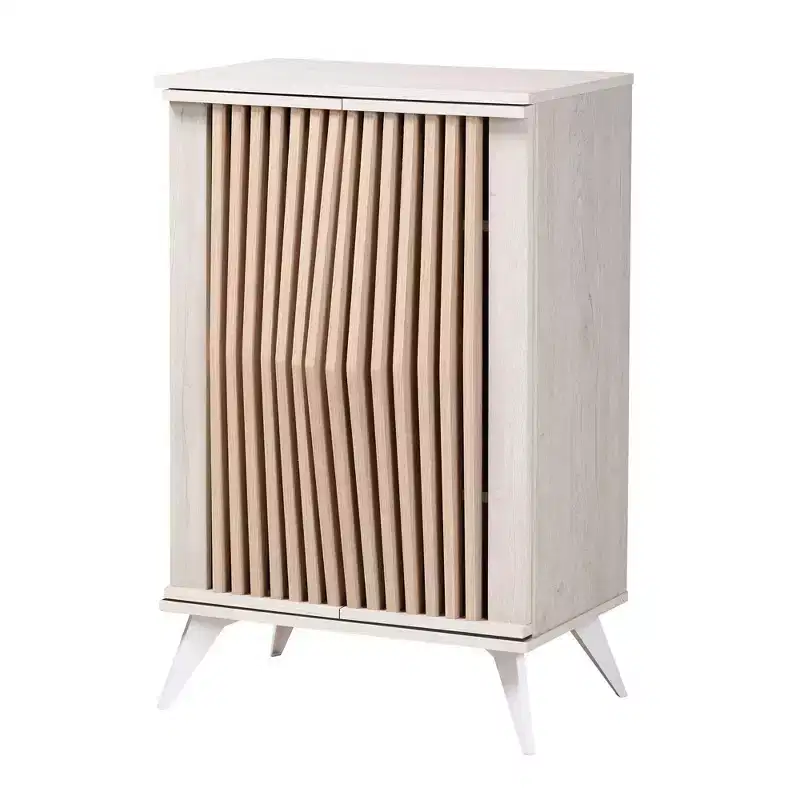 Simona Wood 2 Door Storage Cabinet: Mid-Century Design, 4 Shelves, Angled Legs