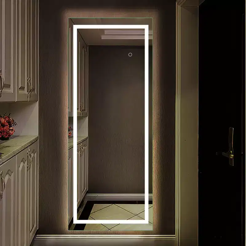 16 in. W x 63 in. H Full-Length Rectangular Frameless Vanity Mirror with Lights in Silver
