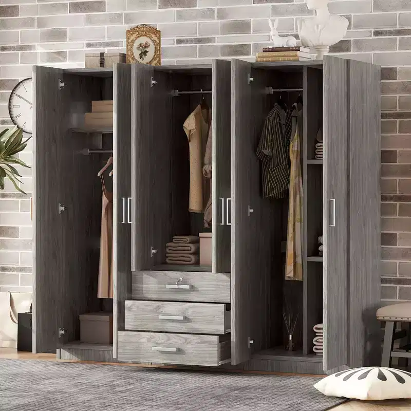 6-Doors Wooden Wardrobe Storage for Bedroom, with Big Drawers, Brown
