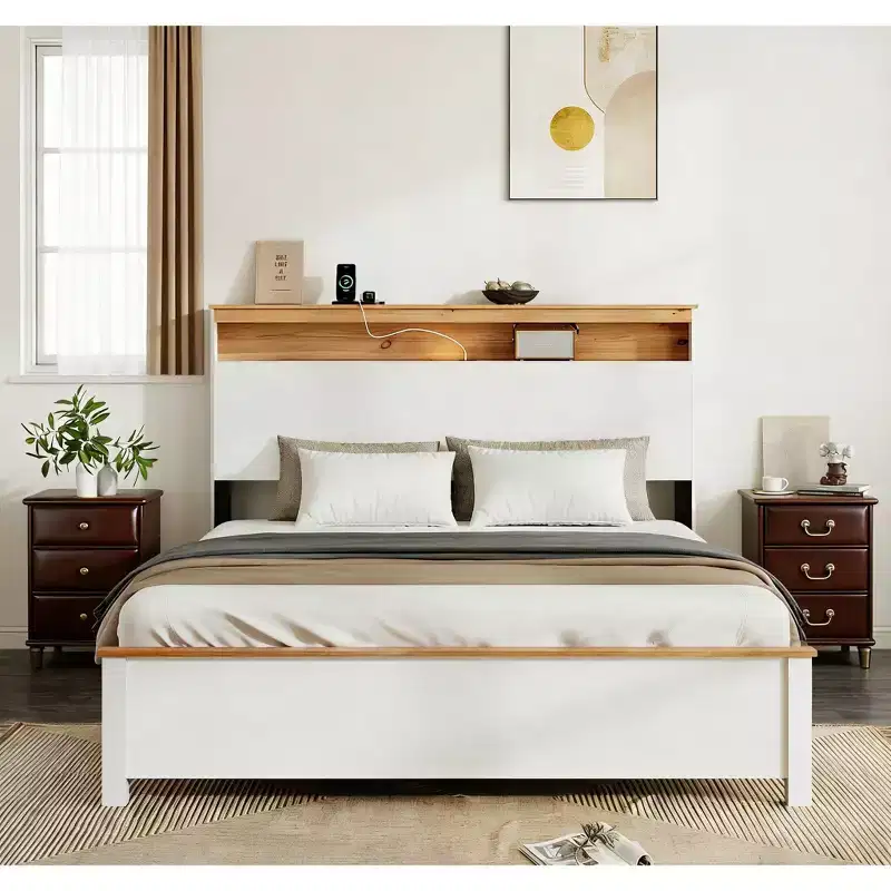 Platform Bed Frame with Integrated Charging Station & Storage Headboard, LED Light, Antique White.