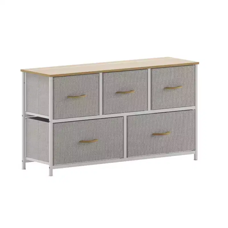 5-Drawer Storage Dresser with Cast Iron Frame, Wood Top and Fabric Drawers