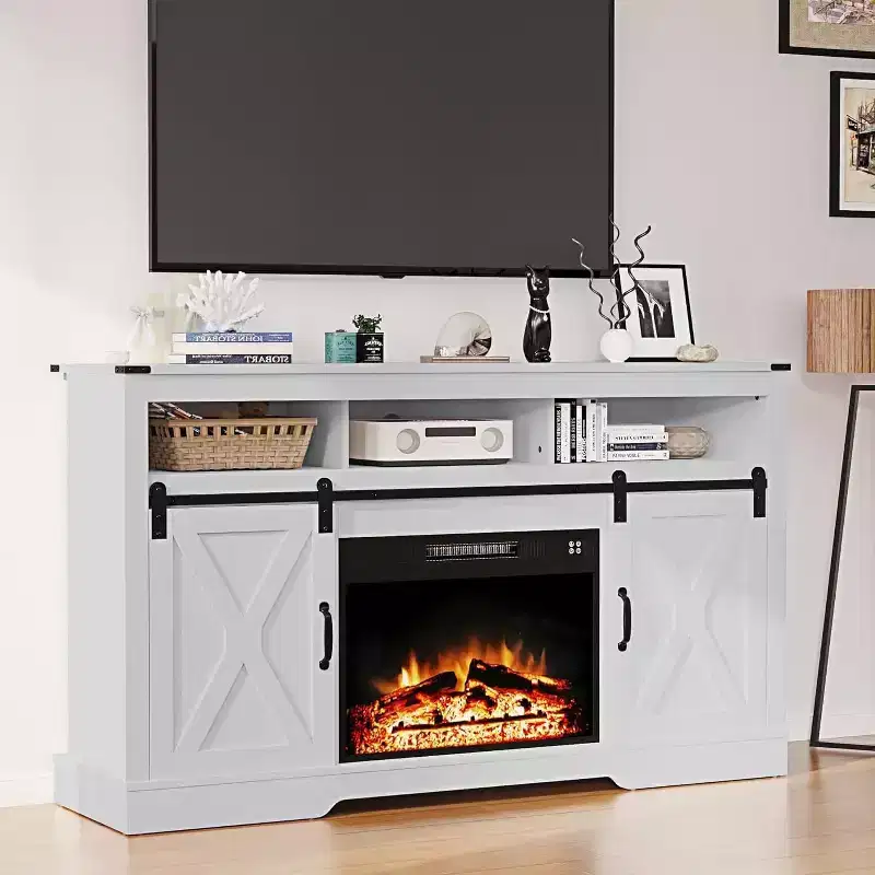 Fireplace TV Stand for 65''+, Farmhouse Entertainment Center with 23 Electric Fireplace with Remote and Sliding Bar Door