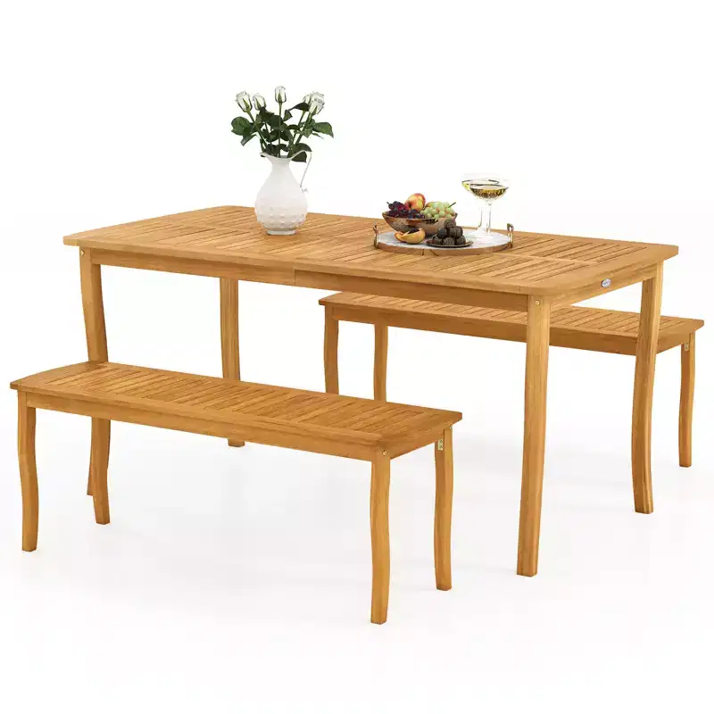 Gymax 3 Pieces Outdoor Dining Set for 4 People Patio Acacia Wood Table & Bench Set
