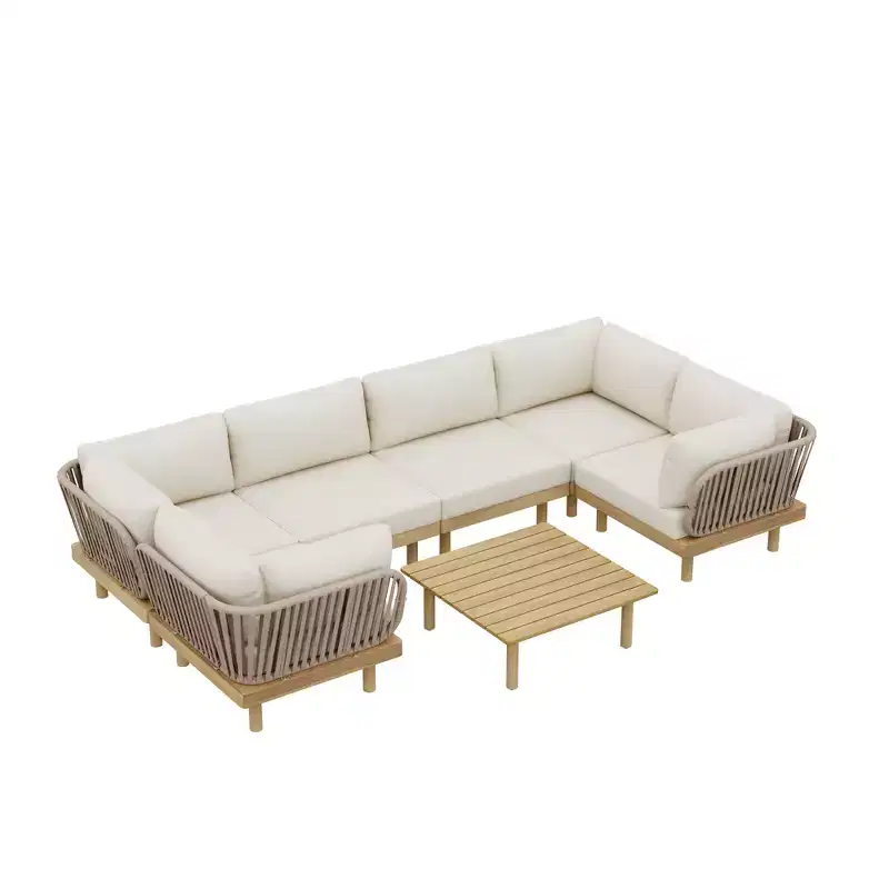 Christopher Knight Home Declan Patio Modern Acacia Wood and Rope U-Shaped Modular Sectional Sofa Set with Coffee Table