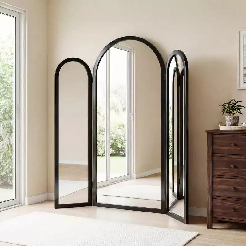 Dovelina 71H*66.5W Tri-Fold Full Length Mirror Arch Leaning Mirror for Living Room Dining Room Entryway Bedroom, Metal/Wood Frame Available