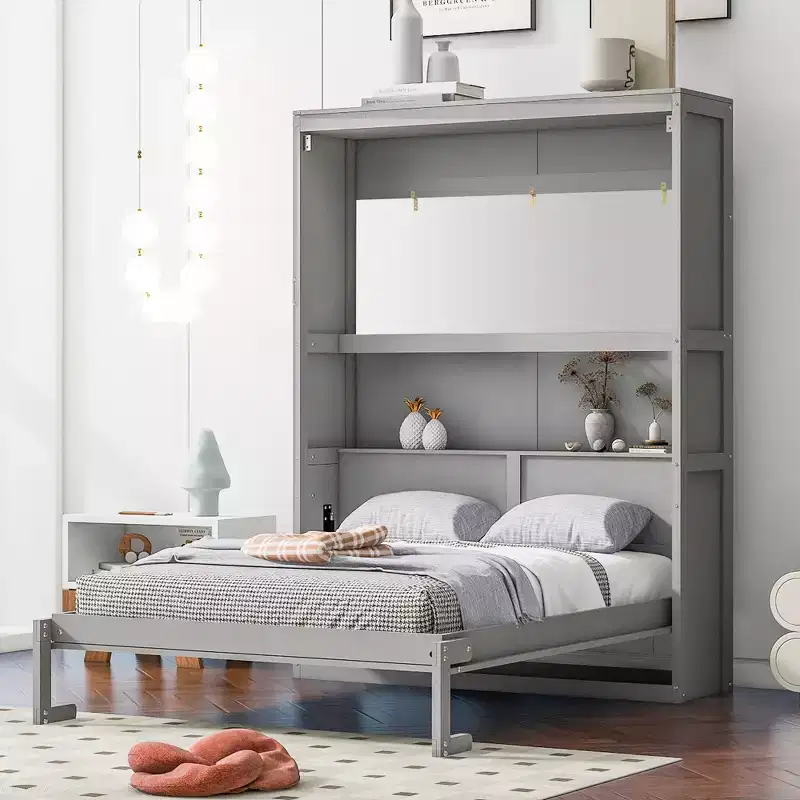 Full/Queen Murphy Bed with Built-In Shelves White/Gray
