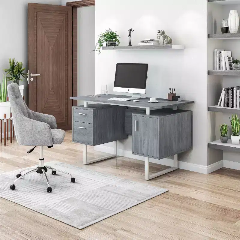 Modern Office Desk with Storage Gray - Techni Mobili: Sleek Metal Legs, File Cabinet, Floating Top
