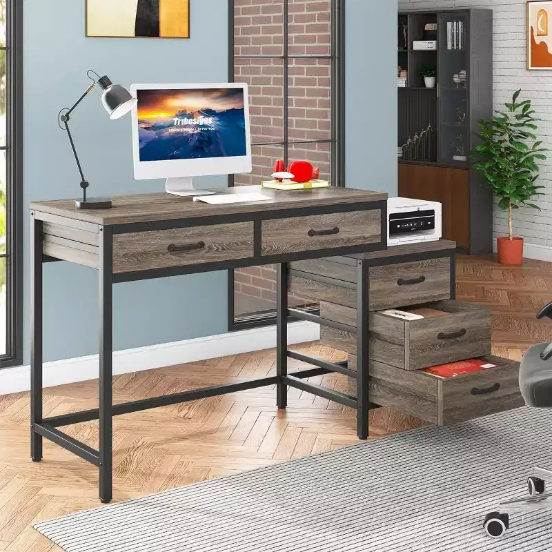 Computer Desk with 5 Drawers, Home Office Desk with Printer Stand, Industrial PC Desk with Storage for Small Spaces, Grey
