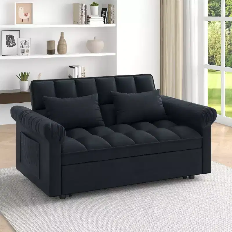 Convertible Modern Pull Out Loveseat Sofa Bed Adjustable for Living Room Bedroom Black