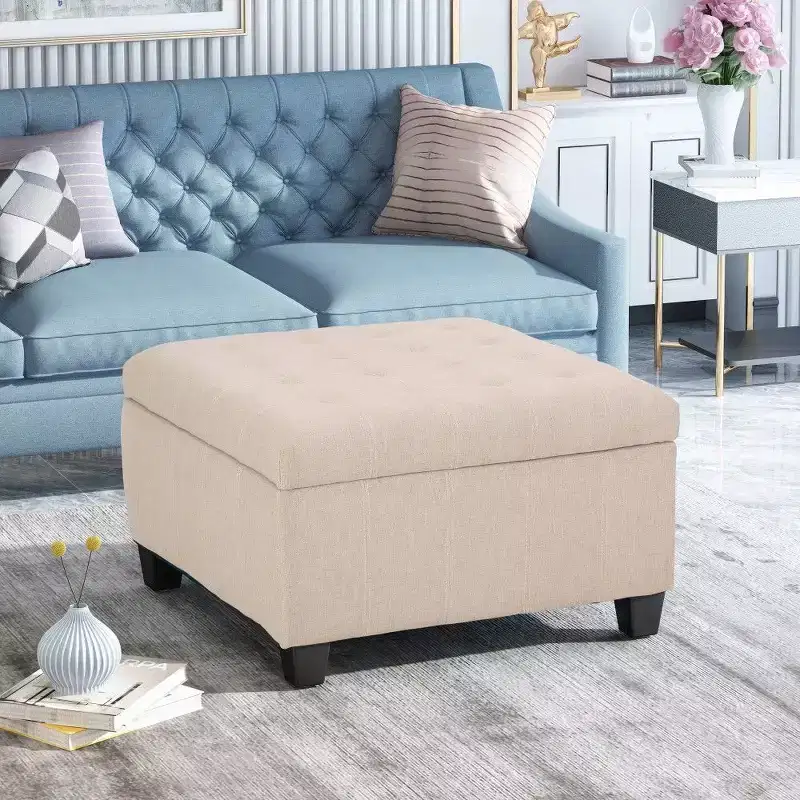 TUYOHW 31 Square Storage Bench,End of Bed Ottoman Bench with Button-Tufted Lid,Ottoman for Living Room,Entryway