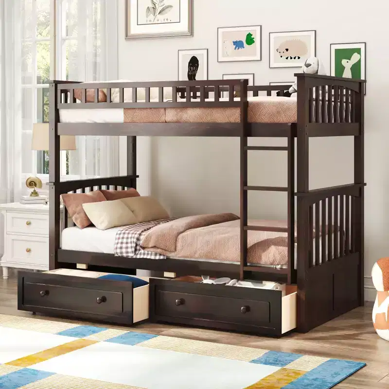 FAMYYT Twin Size Wood Bed?With Drawers, Fence-shaped Guardrail, ladder, Easy Assembly
