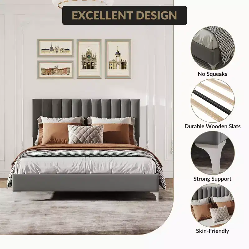 Bed Frame with Velvet Headboard Adjustable Strong Wood Slats, No Box Spring Needed