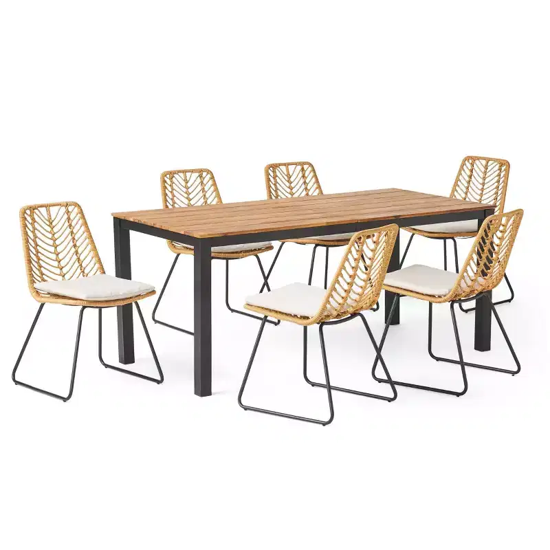 Bleckley 7pc Outdoor Wicker Dining Set - Light Brown/Beige/Teak - Christopher Knight Home: Rattan Patio Furniture Set with Acacia Table Top