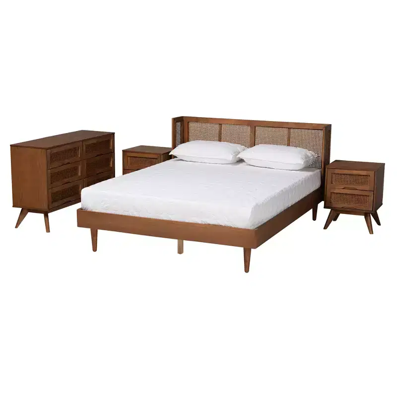 Baxton Studio Rina Mid-Century Modern Walnut Wood Bedroom Set with Synthetic Rattan