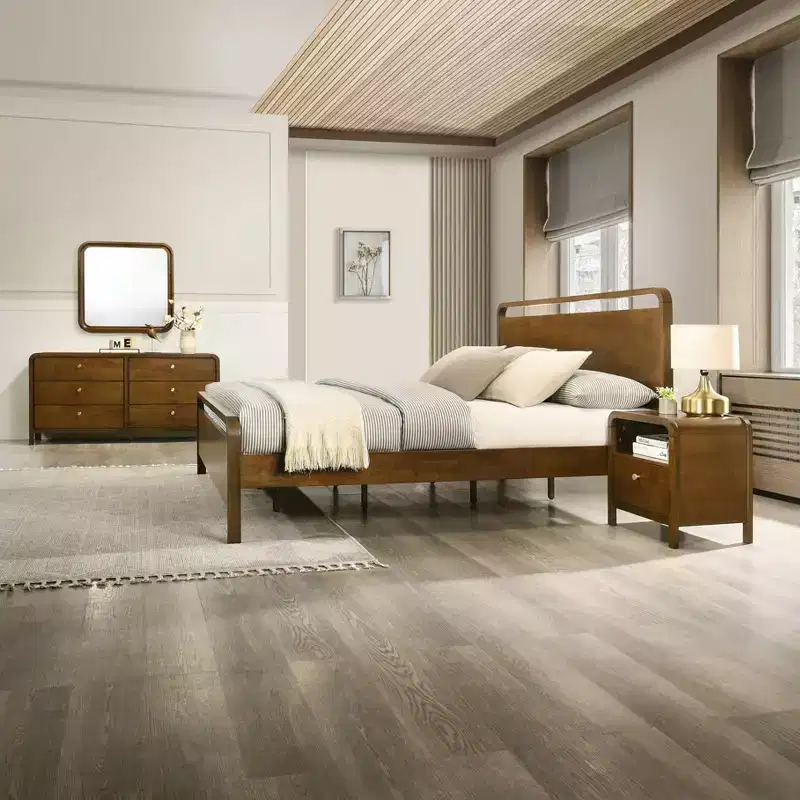 Roundhill Furniture Eldren Wood Bedroom Set, Platform Bed with Dresser, Mirror, and Nightstand in Walnut Finish