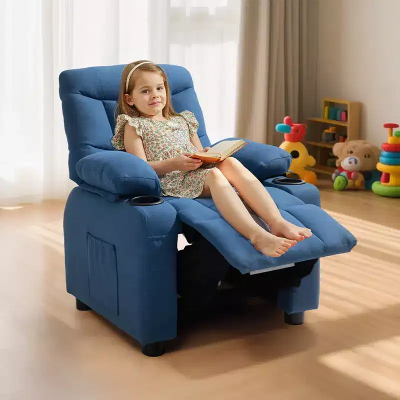 VEVOR Kids Reclining Chair, Toddler Recliner with Cup Holders and Pockets, 107 to 126 Adjustable Backrest, Breathable Polyester Fabric, Blue