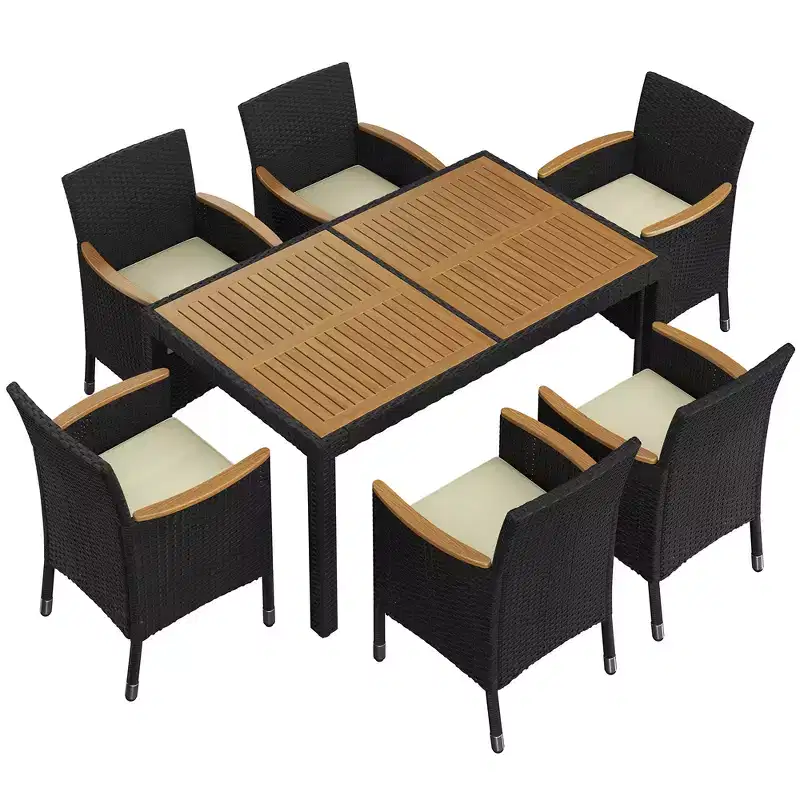 Yaheetech 7 PCS Outdoor Dining Set Rattan Patio Furniture Set with 6 Chairs for Backyards, Porches, Black and Beige