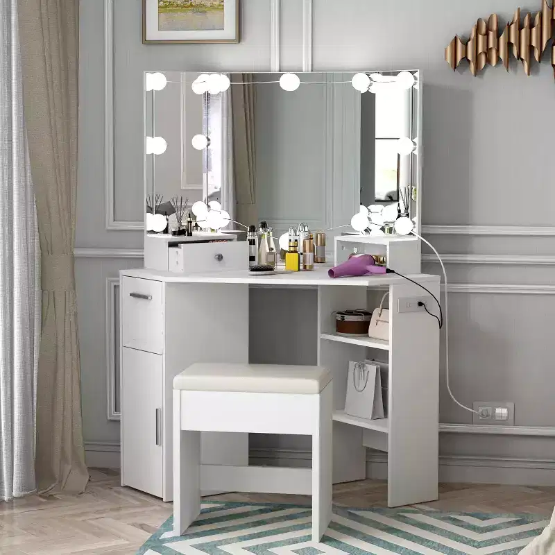 1 SET 15MM PB Corner Makeup Vanity with Dressing Table and Stool, 12 Self-Adhesive Three-Level Light Bulbs, Three-Sided 3mm Aluminum Mirror
