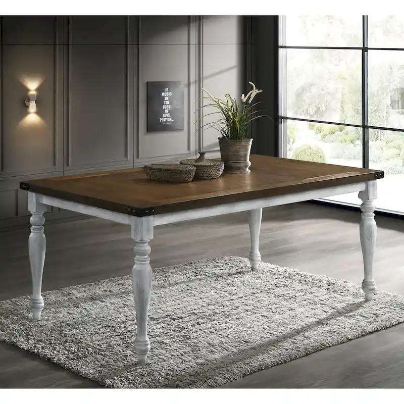 Two-Tone Rustic White & Oak Wood Turned Leg Dining Table