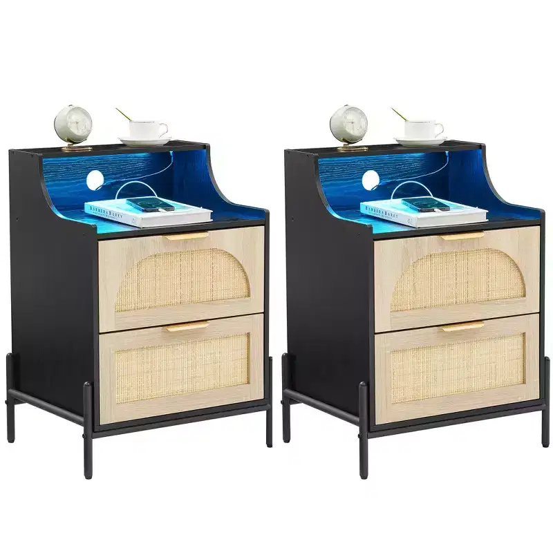 2-Pack Wooden Rattan Nightstand - Bedside Table with Charging Station, LED Lights, USB Ports & Outlets, Modern for Bedroom, Living Room