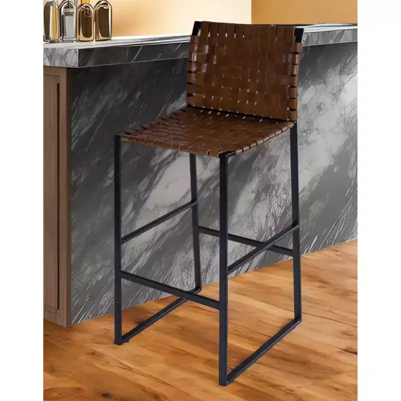 28-Inch Brown and Black Leather Bar Stool with Iron Frame