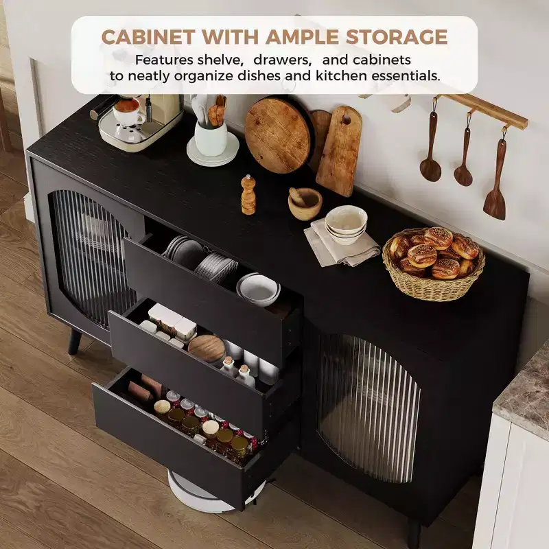 Contemporary Black Buffet Cabinet  Ample Storage Sideboard with Fluted Glass Sliding Doors and Drawers  Ideal for Kitchen, Dining, or Living Room