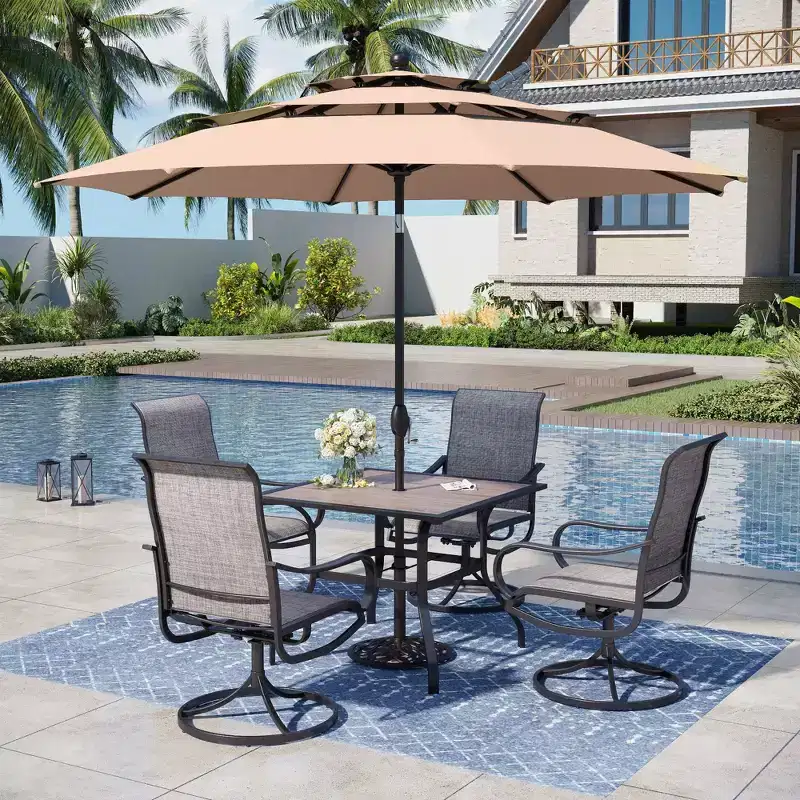 Captiva Designs 6pc Patio Square Steel Dining Table & Sling Swivel Chairs & Market Umbrella