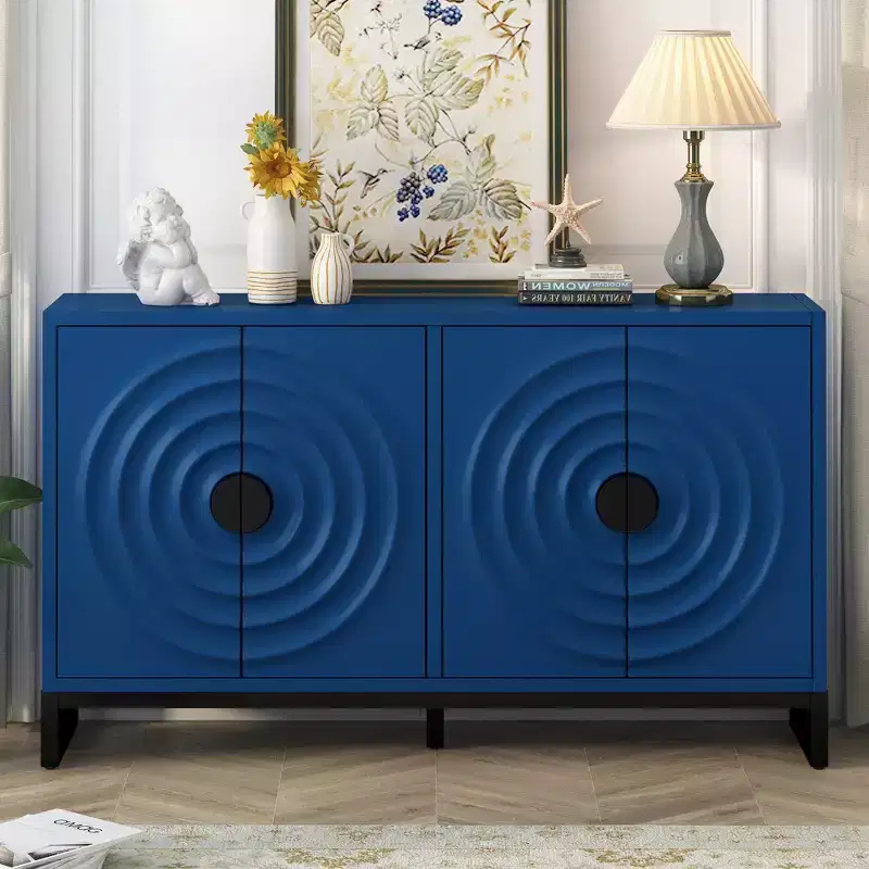 Buffet Cabinet with 4 Water Wave Doors, Wood Sideboard Storage with Adjustable Shelves for Kitchen Entryway Hallway