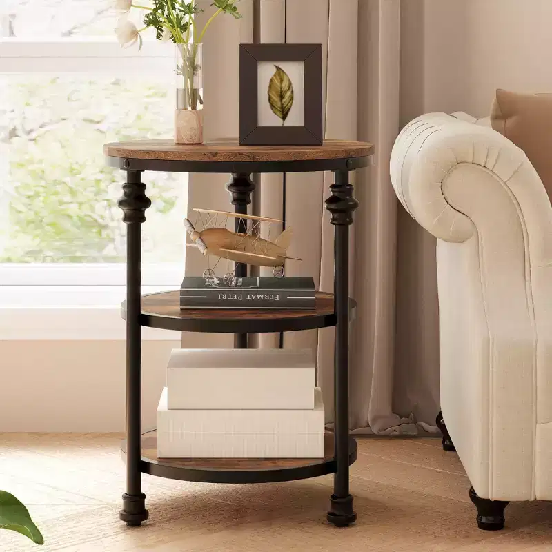 Round Side Table with 3 Shelves, Small End Table for Living Room, Bedroom, Steel Frame Nightstand & Coffee Table