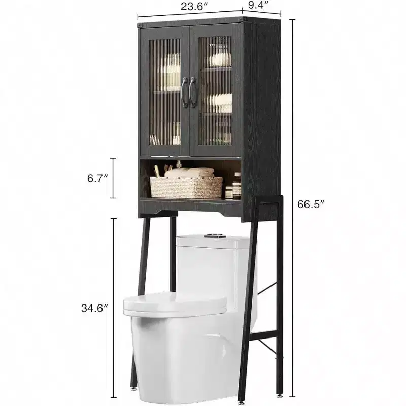 Over Toilet Storage Cabinet with Tempered Glass Doors Adjustable Shelf Bathroom Organizer Metal Stand Black Space Saver