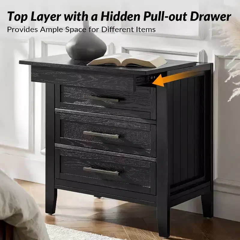 Yaran 3 Drawer Nightstand-BLACK