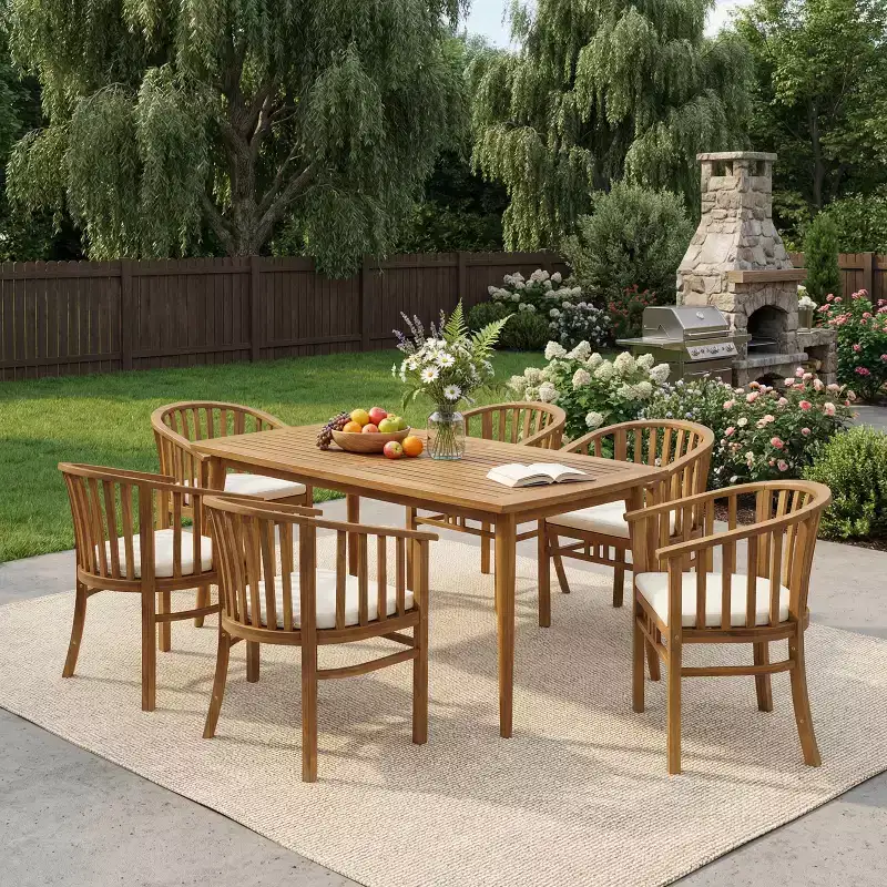 Christopher Knight Home Estrella Modern 7 Piece Patio Acacia Dining Set with Slatted Table and Cushions