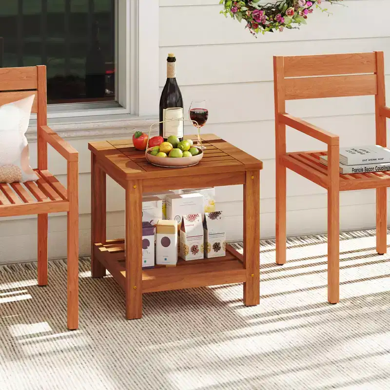 Costway 2-Tier Adirondack Side Table w/ Slatted Tabletop Storage Shelf for Garden