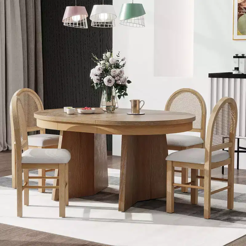 Rattan Round Dining Table Set for 4, Extendable Dining Set with 4 Upholstered Chairs, Kitchen Table and Chairs Set for Small Space, Natural Wood Wash