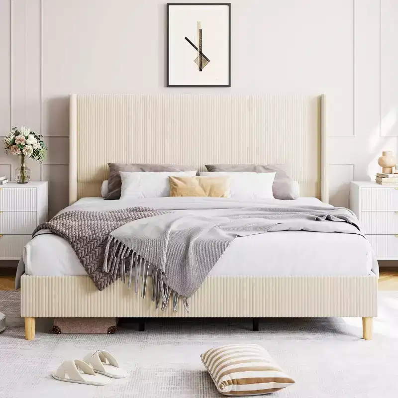 Full Size Beige Corduroy Upholstered Platform Bed with Wingback Headboard, No Box Spring Needed