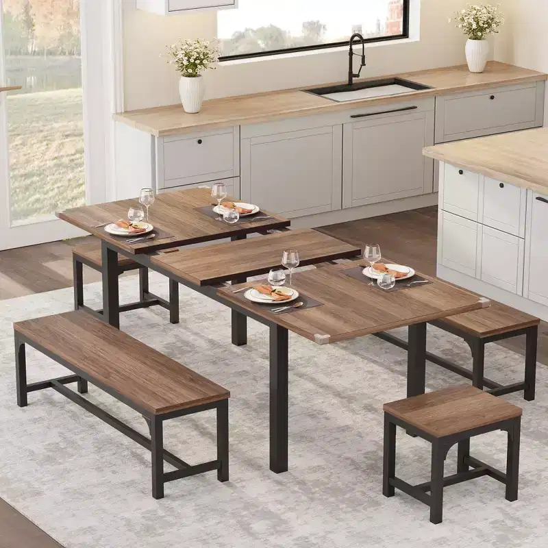 5 Pieces Dining Table Set for 4-6, 63 Large Extendable Dining Room Table Set for 4, Kitchen Table with Benches and Stools