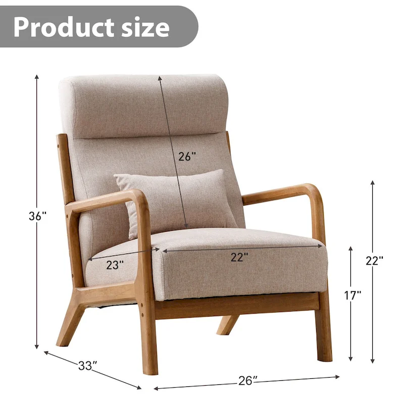 Upholstered Linen Blend Accent Chair with Wooden Legs and One Pillow