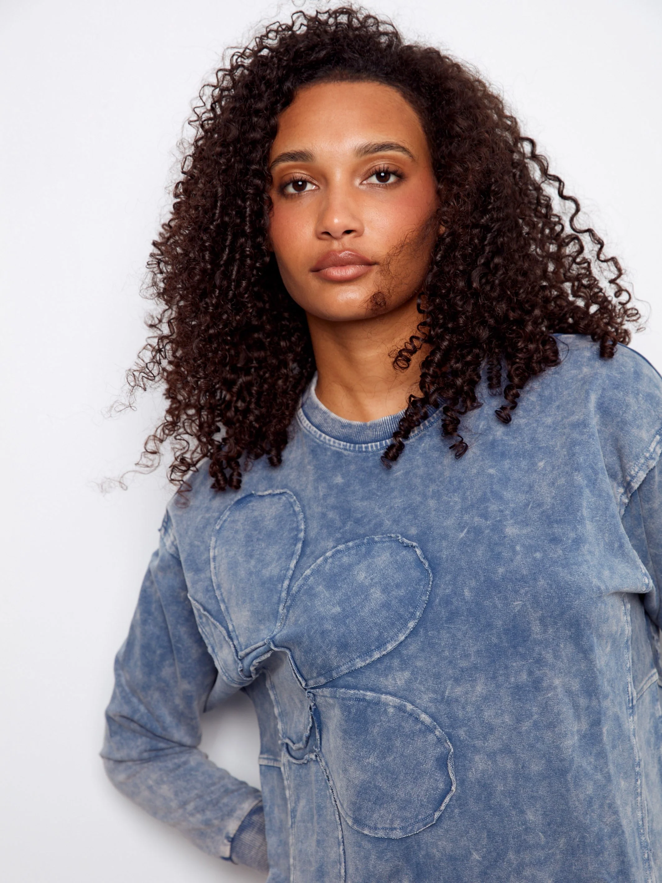 Long Sleeve Top With Flower Appliqué - Denim