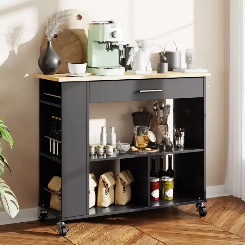 Celebalcony Rolling Kitchen Island with Storage Cabinet. Include 3 Tier Spice Rack, Lockable Wheels & Towel Handle, 2 Tier Open Shelf for Kitchen