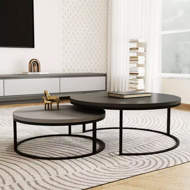 Gaoyangjiaju 31.5 Modern Round Nesting Coffee Table Set of 2 - Minimalist Industrial Center Tables - Grey/Black