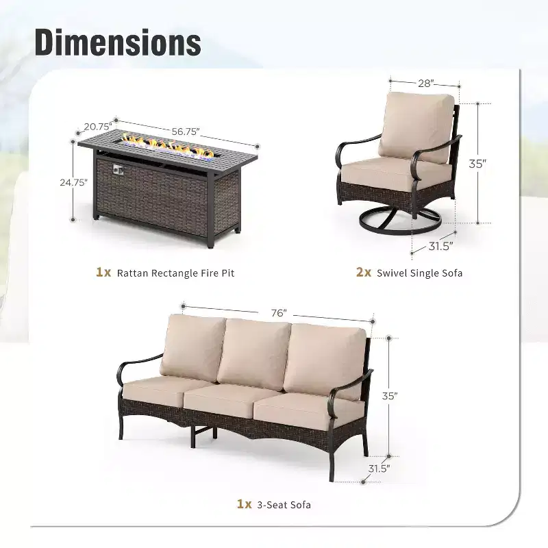 Captiva Designs 4pc Extra Large Metal and Rattan Outdoor Patio Fire Pit Set with Swivel Sofas