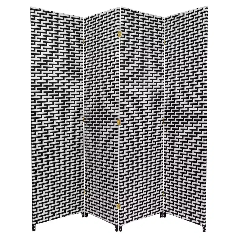 Oriental Furniture 6' Tall Woven Fiber 4 Panel Room Divider Black/White: Hardwood Frame, No Assembly Required