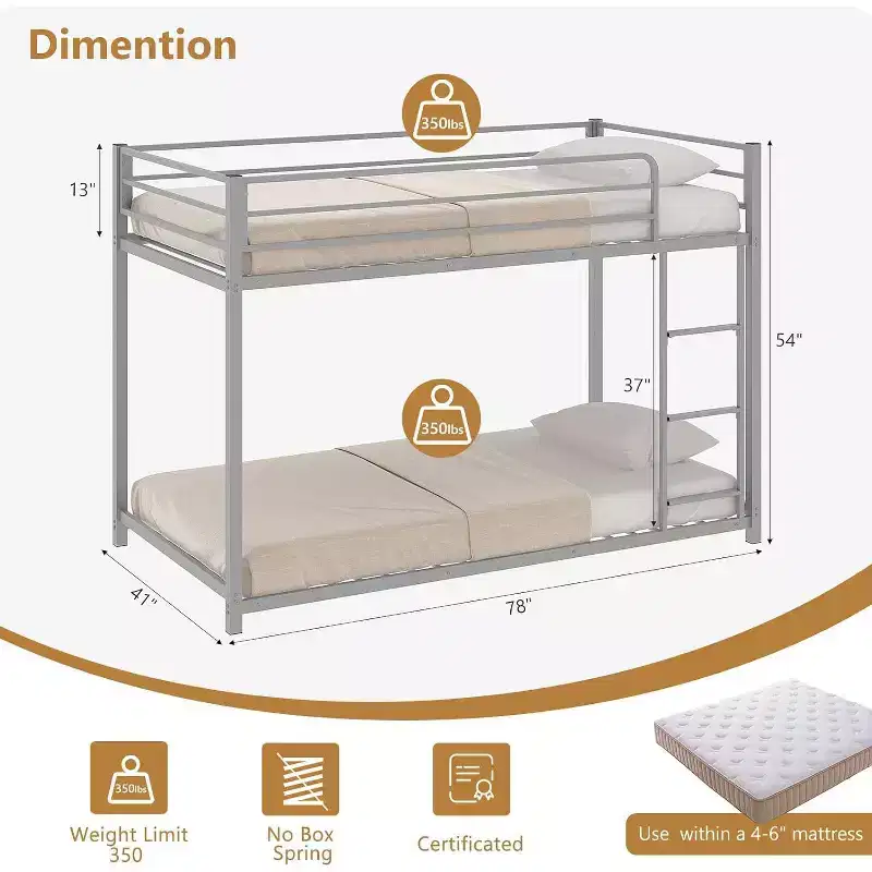 JOYMOR Bunk Bed Twin Over Twin, Metal Twin Size Bed Frame with Safety Guardraild for Boys Girls